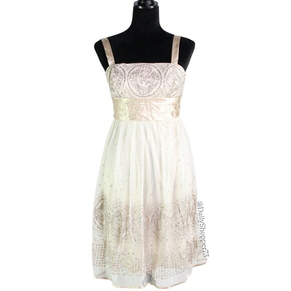 R&M Richards Dresses & Skirts - R&M Richards Women's Petite Gold Glitter Tulle Satin Tie Waist Empire Midi Dress